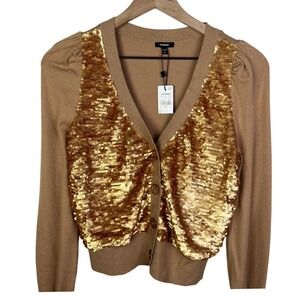 Express Women's Camel Party Sequin V Neck Button‎ Front Cardigan Sweater New XS